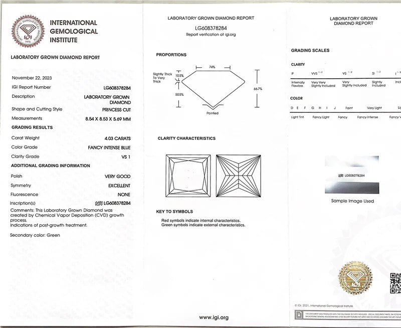 IGI Certified 4.03CT VS1 Fancy Cut Intense Blue Diamond Princess Lab Grown Diamond