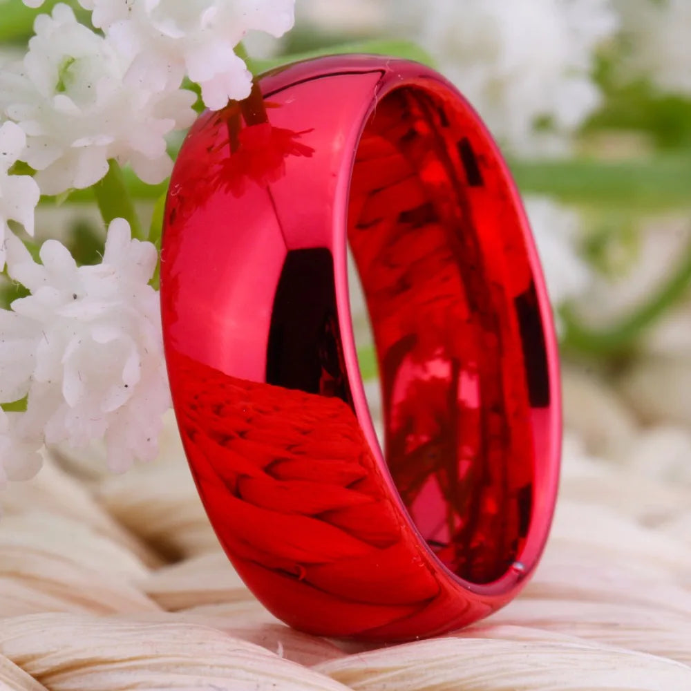8MM Width Red Color Domed Tungsten Carbide Wedding Ring