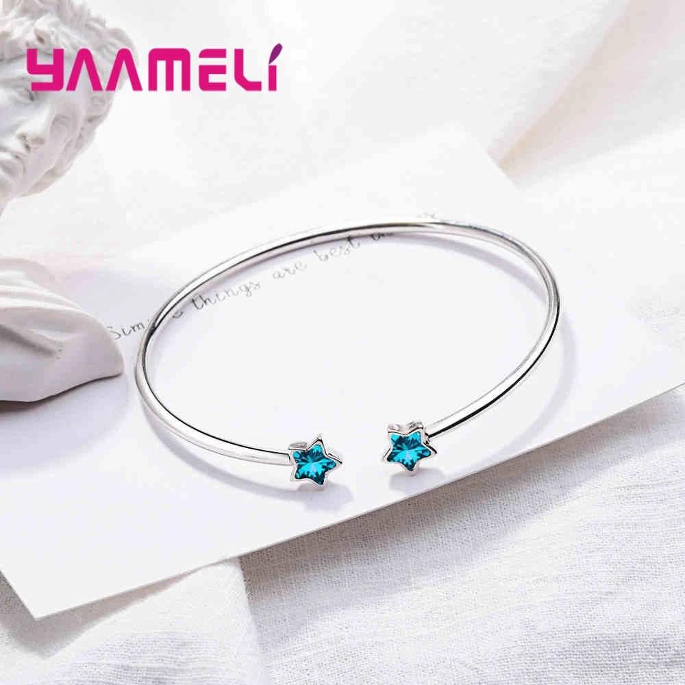Shooting Blue Stars Rhinestone 925 Sterling Silver Austrian Crystal Bangle