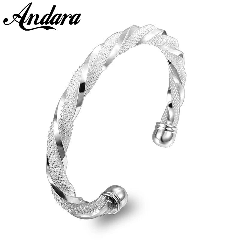 925 Sterling Silver Twist Fashion Mesh Wide Bracelets Bangle