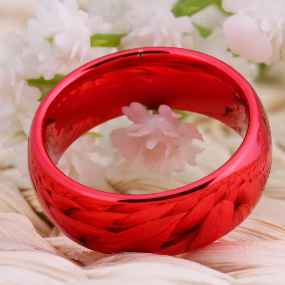 8MM Width Red Color Domed Tungsten Carbide Wedding Ring