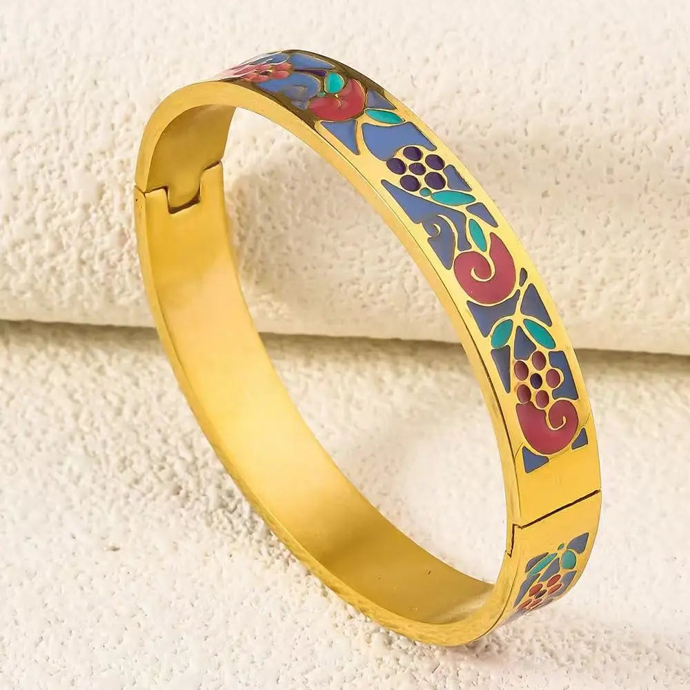 Gold Plated Geometric Enamel Design Stainless Steel Fashion Bangle
