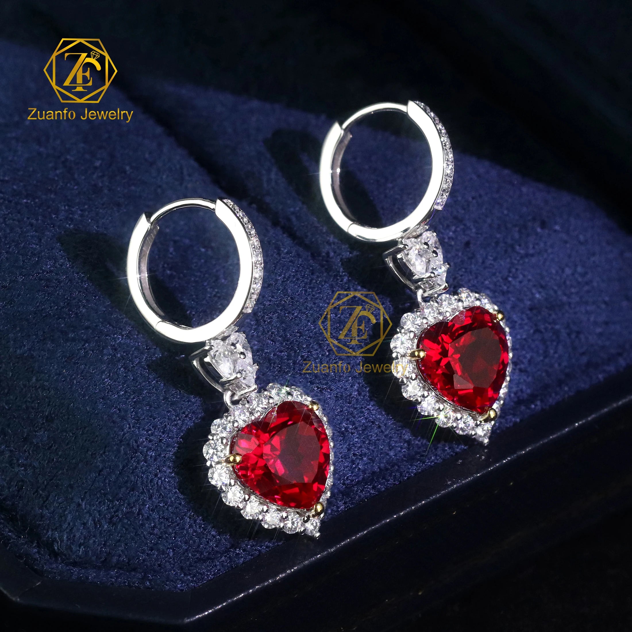 Luxury 18KT Solid White Double Gold Heart Cut 8x8mm Lab Diamond Ruby Hoop Drop Earrings