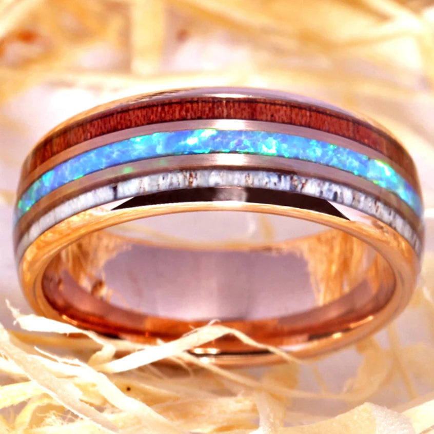 Classic Rose-Gold Tungsten Carbide Ring Blue Fire Opal & Antler & Wood Inlay