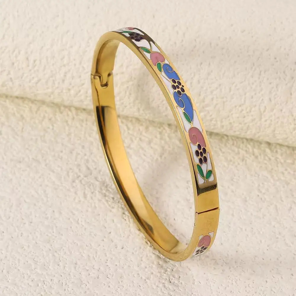 Gold Plated Geometric Enamel Design Stainless Steel Fashion Bangle