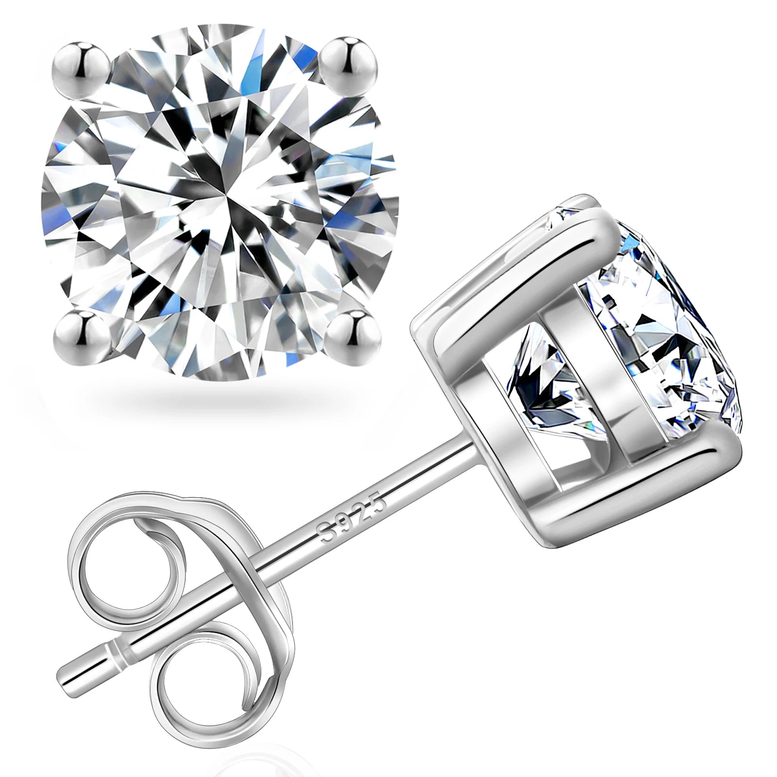 0.5ct 1 Carat-3 Carat Moissanite VVS 14KT White Gold Plated 925 Sterling Silver Men Women Lab Diamond Stud Earring