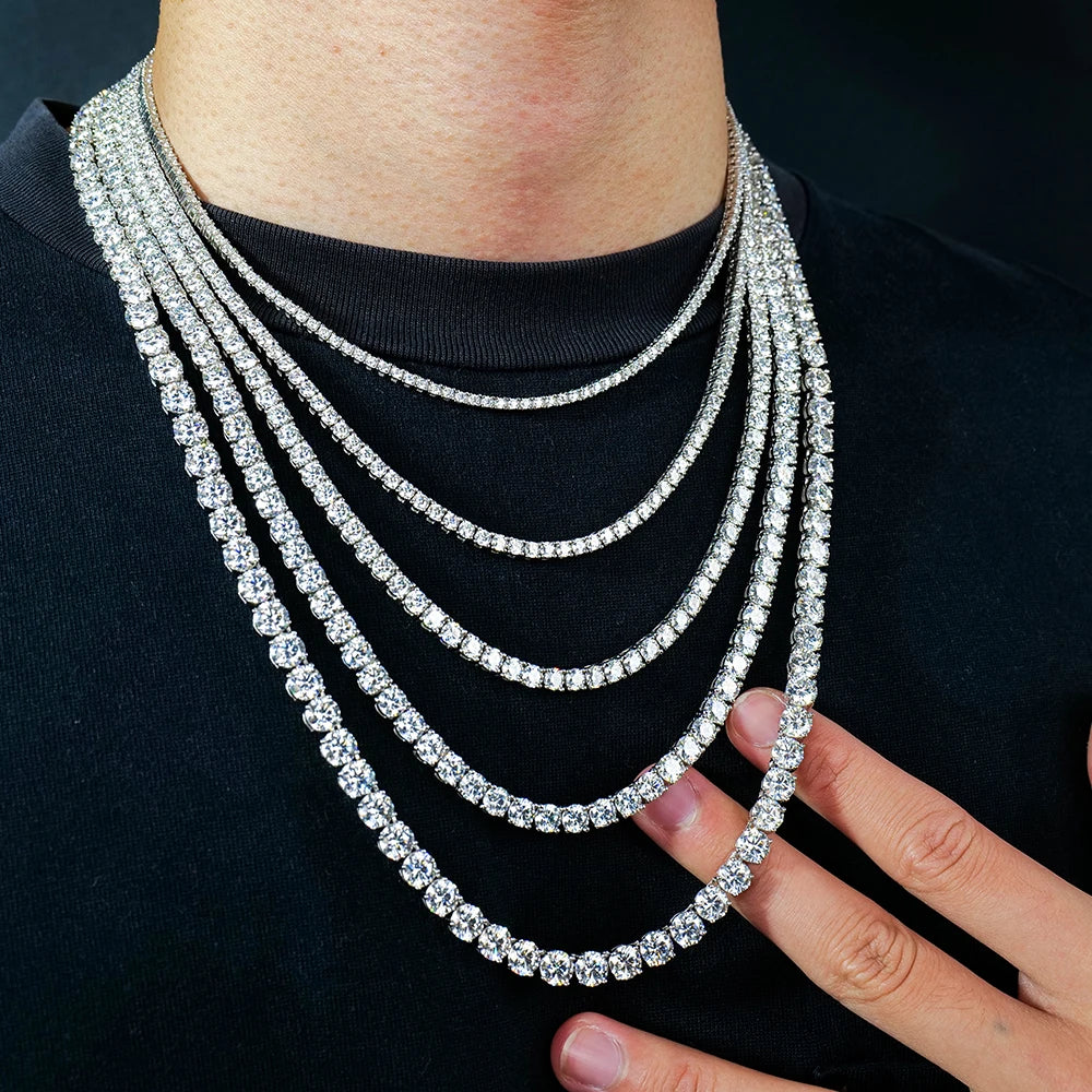 Wholesale Unisex 2 3 4 5 6mm 925 Sterling Silver Iced Out Lab Grown VVS Diamond Moissanite Cluster Tennis Chain