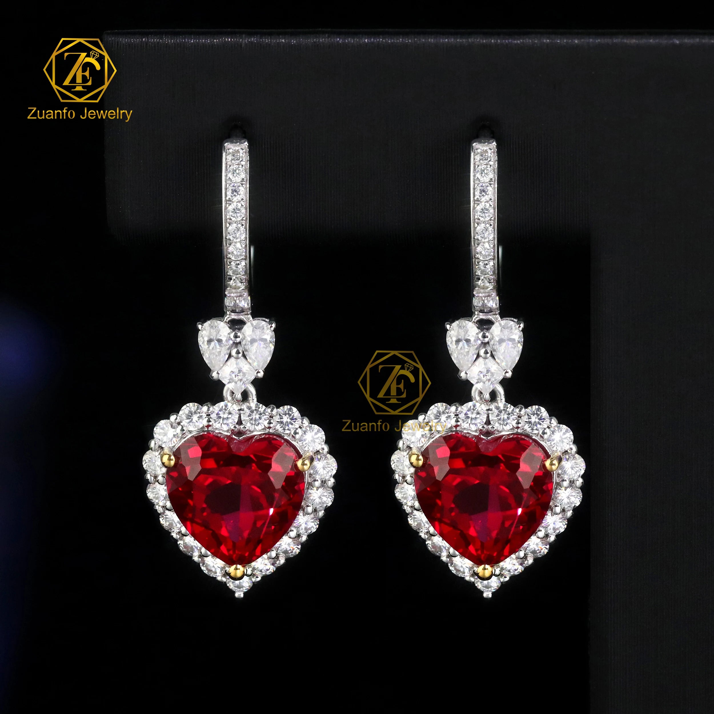 Luxury 18KT Solid White Double Gold Heart Cut 8x8mm Lab Diamond Ruby Hoop Drop Earrings
