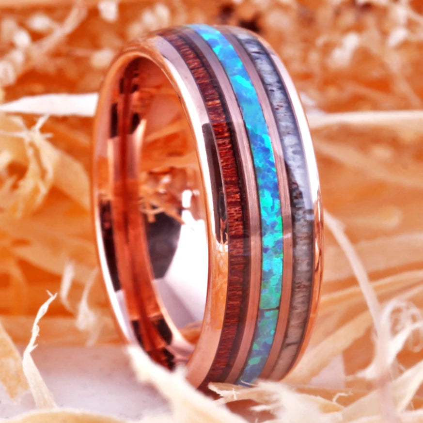 Classic Rose-Gold Tungsten Carbide Ring Blue Fire Opal & Antler & Wood Inlay