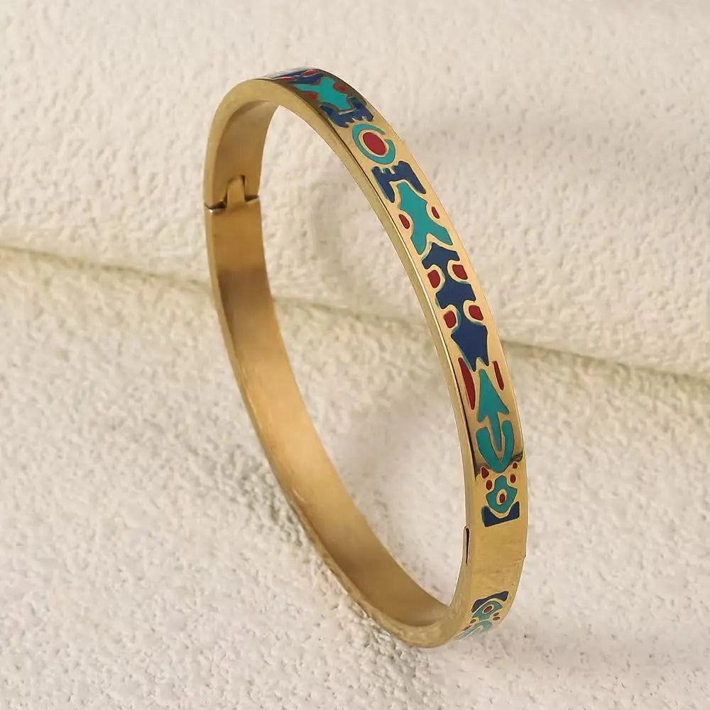 Gold Plated Geometric Enamel Design Stainless Steel Fashion Bangle