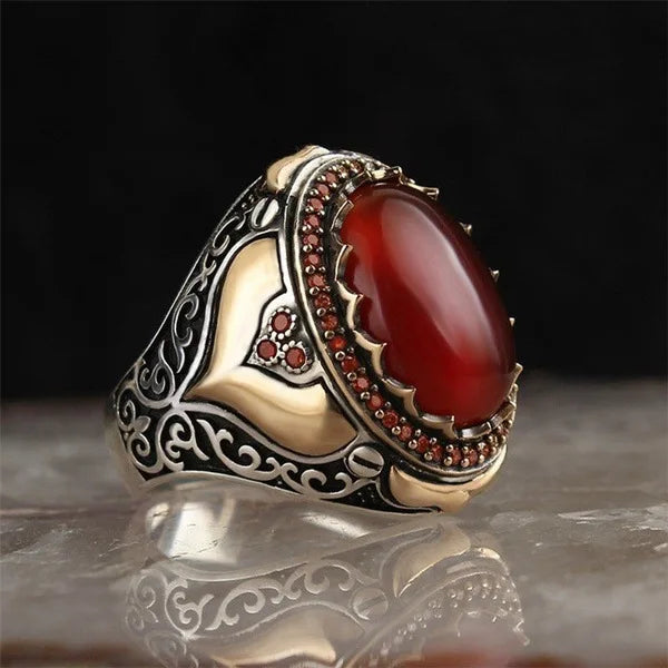 Geometric Red Agate Stone Ring Islamic Mosque Ring