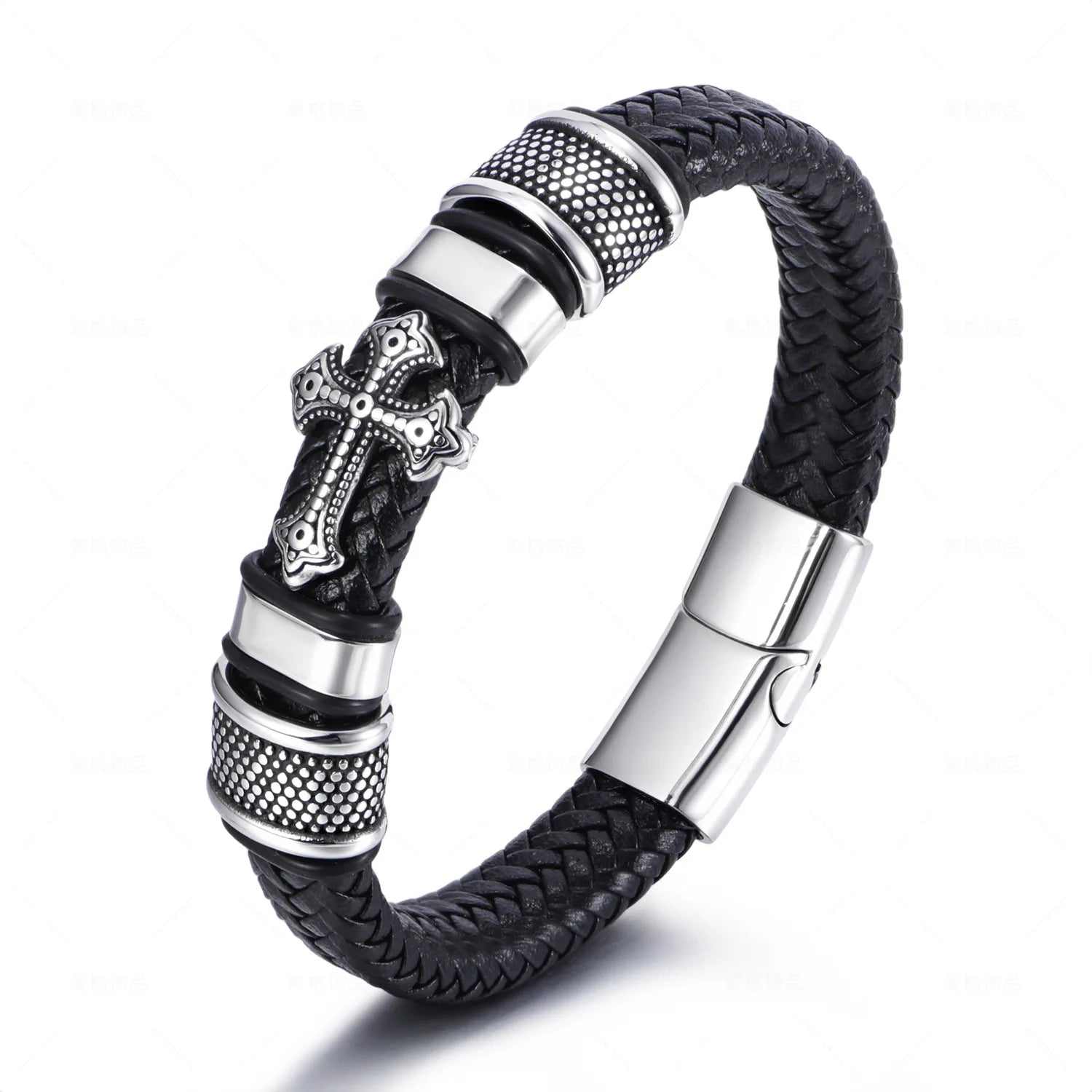 High Quality Vintage Men's Genuine Leather Bracelet Black Braided Cross Fashion Bangle