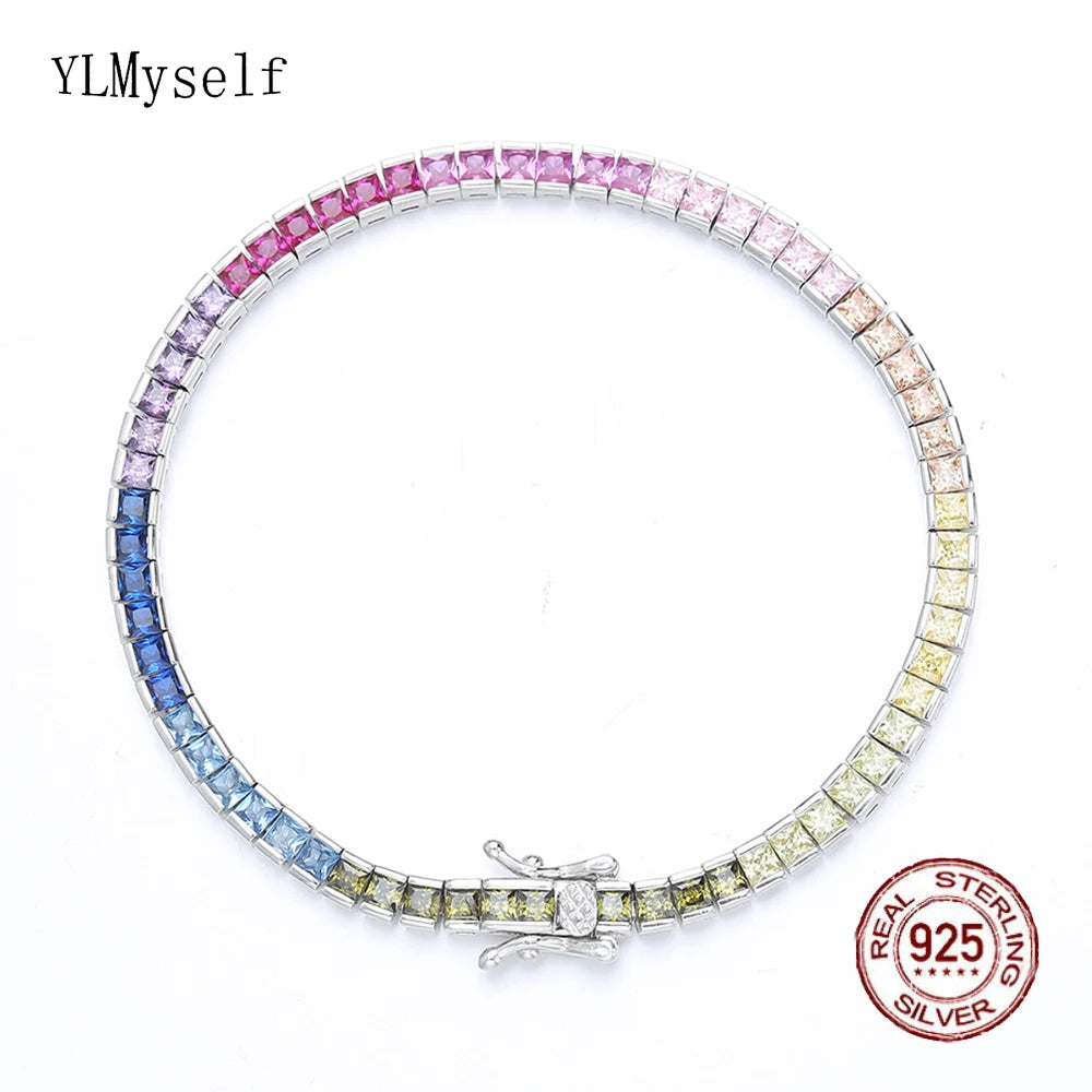 Pure Silver 17.5 CM 4MM 2.5*2.5MM Bling Rainbow Zircon Tennis Bracelet