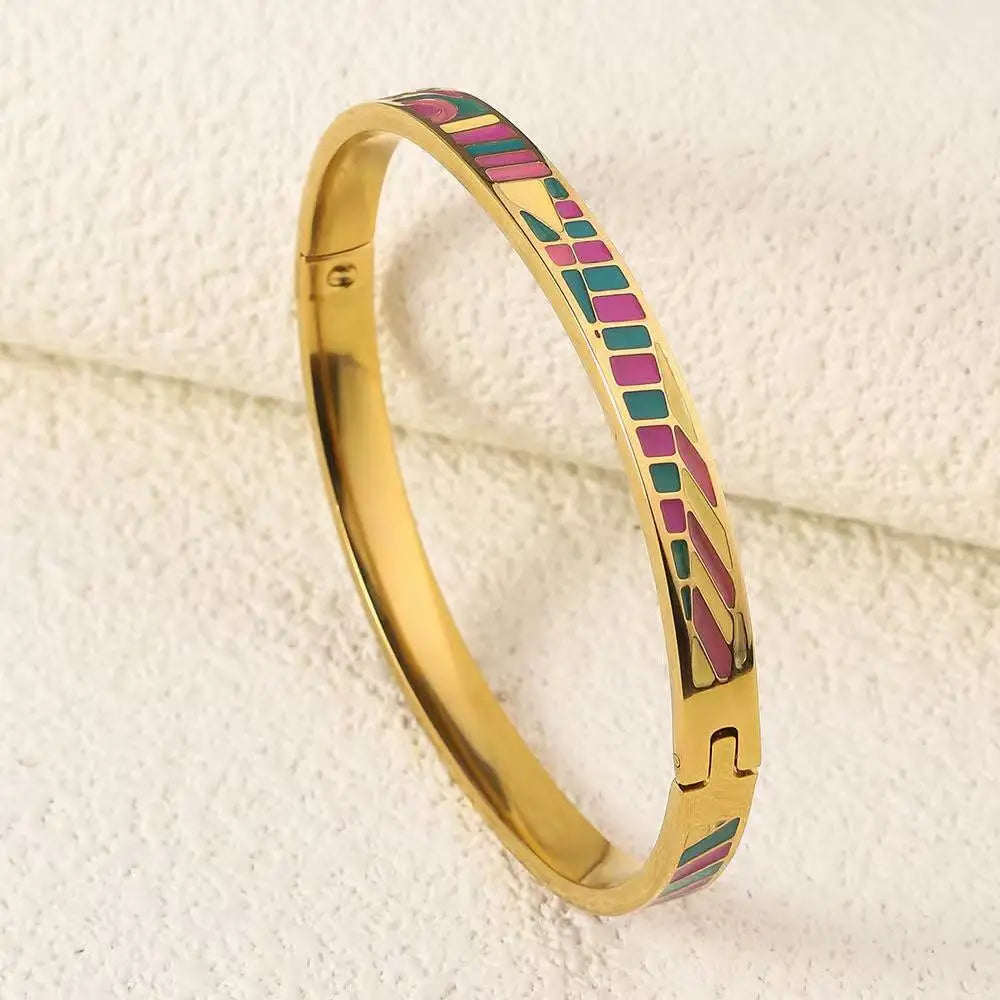 Gold Plated Geometric Enamel Design Stainless Steel Fashion Bangle
