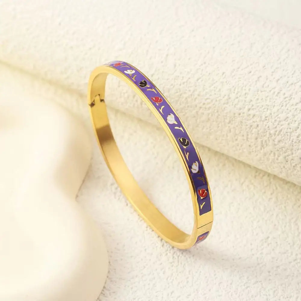 Gold Plated Geometric Enamel Design Stainless Steel Fashion Bangle