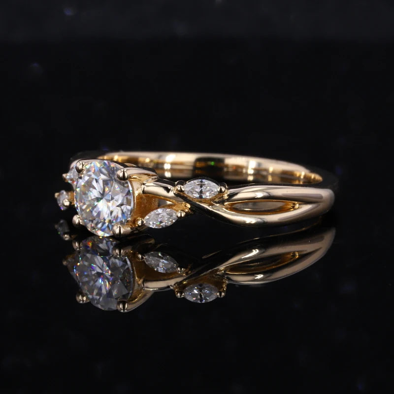 Round Brilliant Cut Adorned Marquise Moissanite Gemstone 10KT Yellow Solid Gold Ring