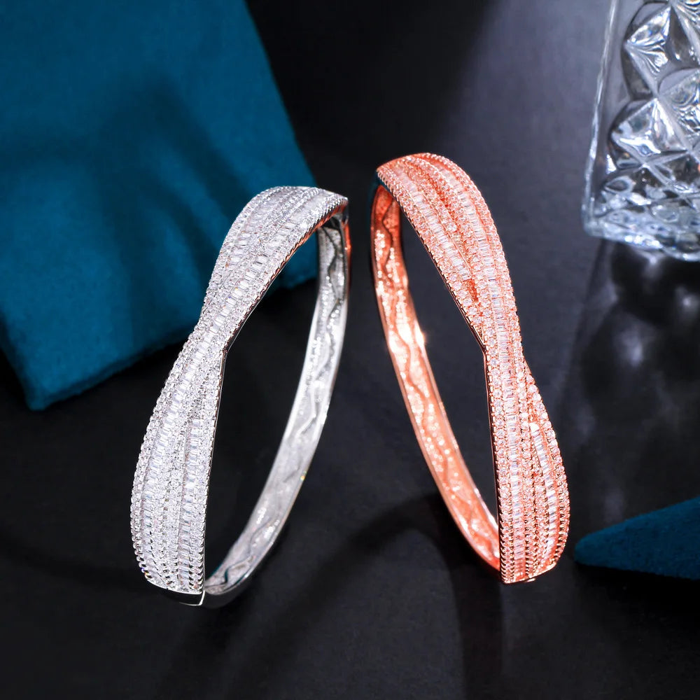 Solid Copper Rose or White Gold Plated Zircons Criss Cross Bridge Bangle