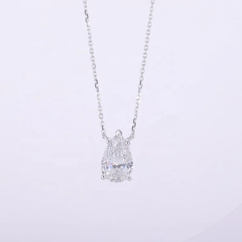 14KT White Gold 3 Carat DEF VS VVS Pear Cut 4 Claw Prong Lab Diamond Solitaire Necklace