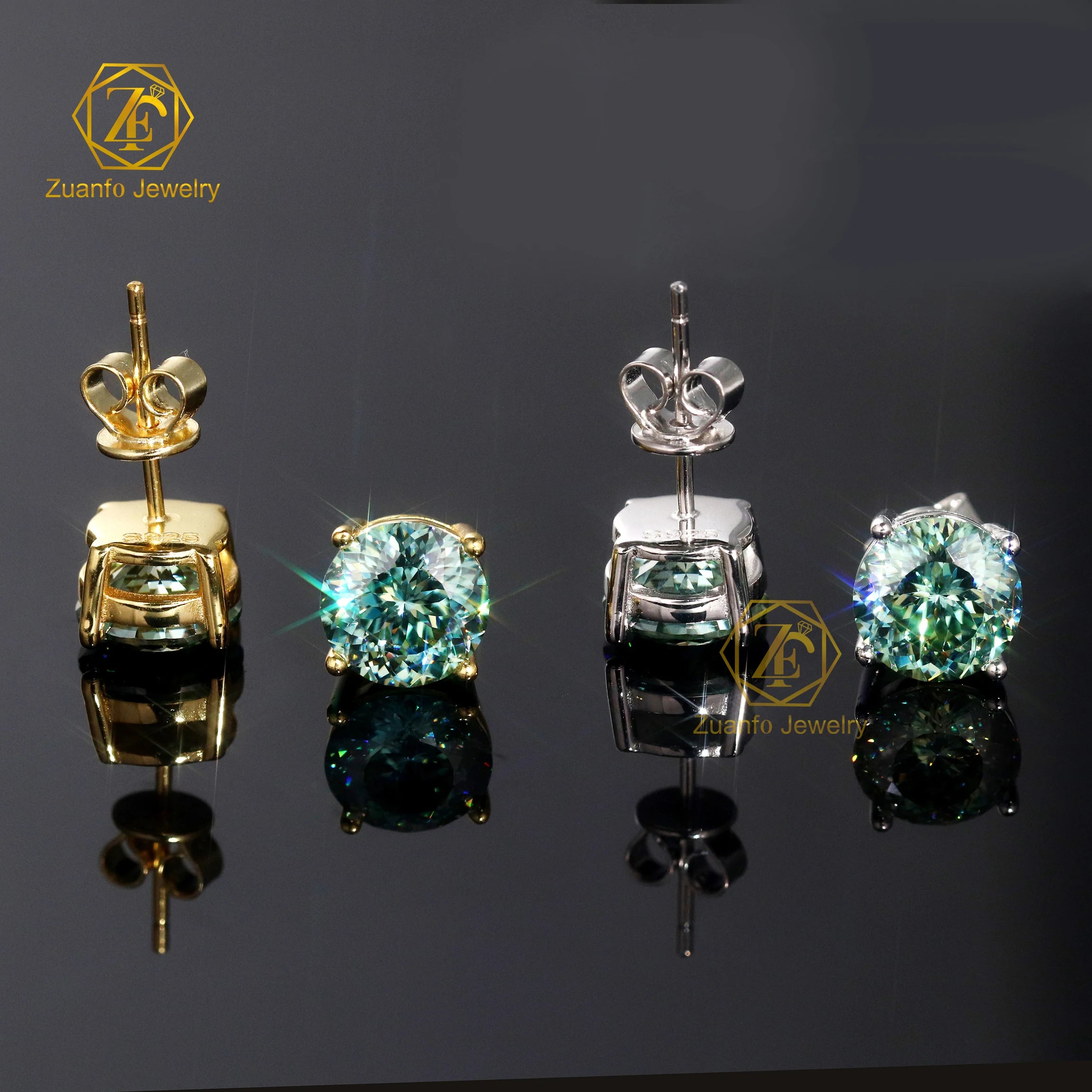 Certified Lab Diamond 8MM Blue Green Portuguese Cut Moissanite Stud Earrings