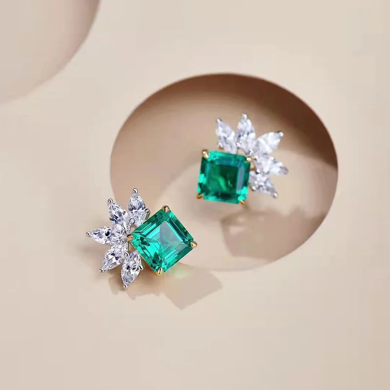 925 Sterling Silver Plated 18KT Gold 3 Carat VVG Lab Emerald Luxury Earrings