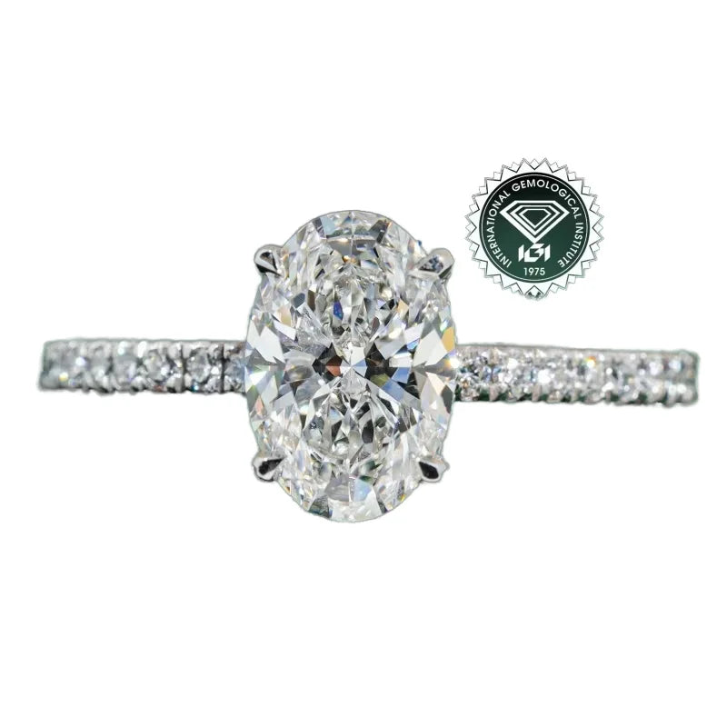 1 Carat Oval Lab Diamond Halo Solitaire Half Pave Engagement Ring in 18K White Gold