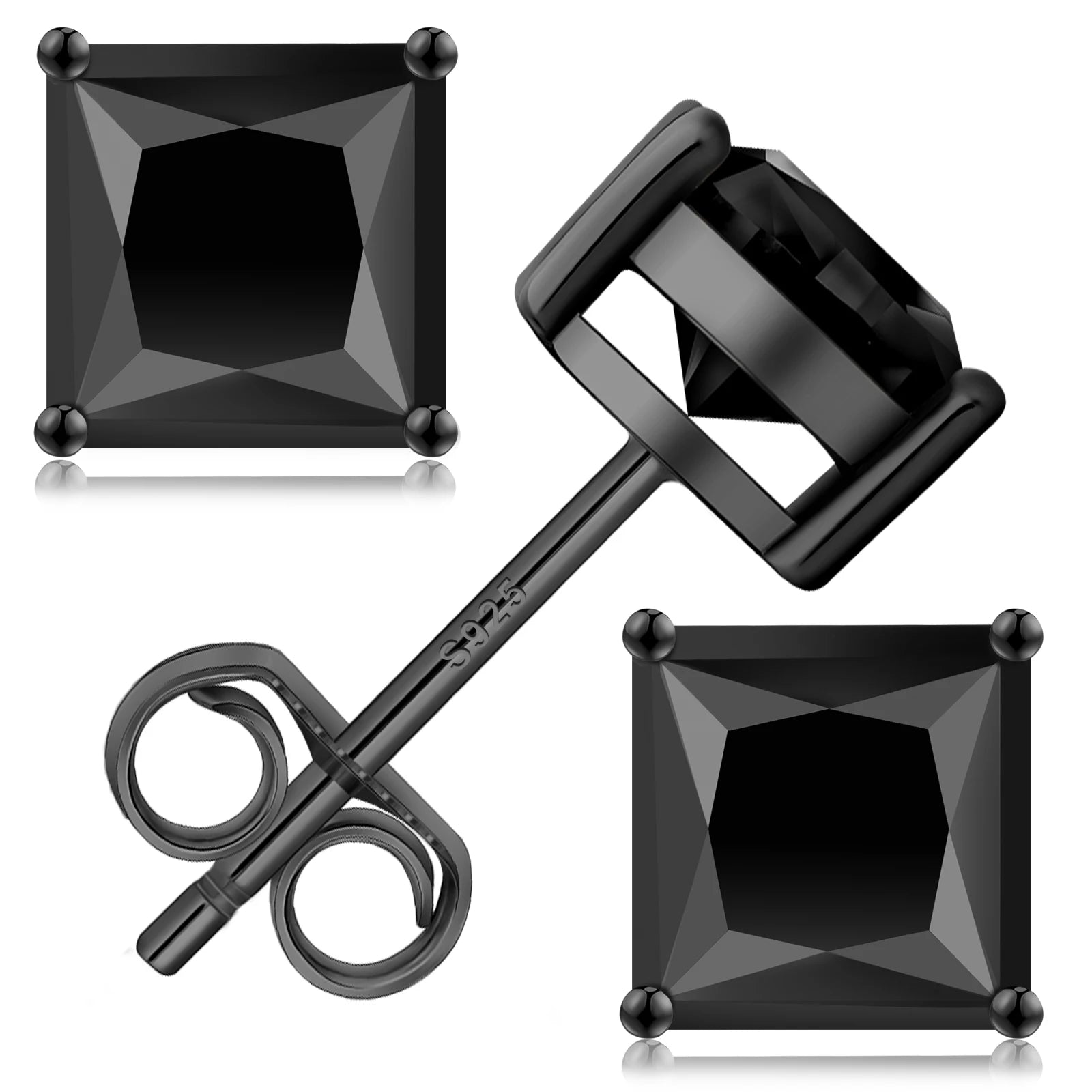 925 Sterling Silver VVS GRA 2.0CT Moissanite Stud Earrings Black Princess Cut