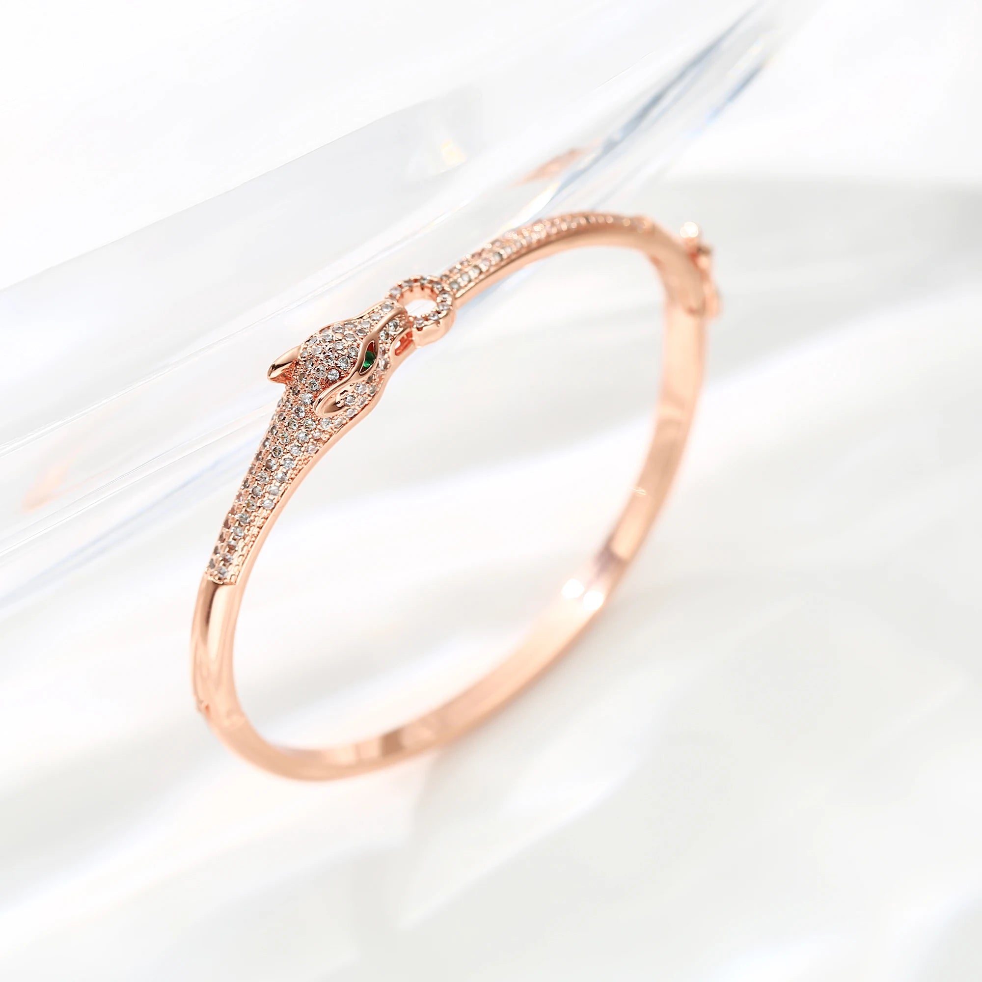 Snow Leopard covered in Rose Gold Plated Brass Zircon Leopard Print Bangle