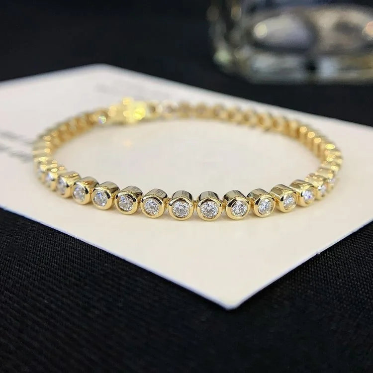 18KT Gold Bezel Setting Tennis Bracelet With 2.4mm Round Brilliant Cut Lab Diamond Chain Bracelet