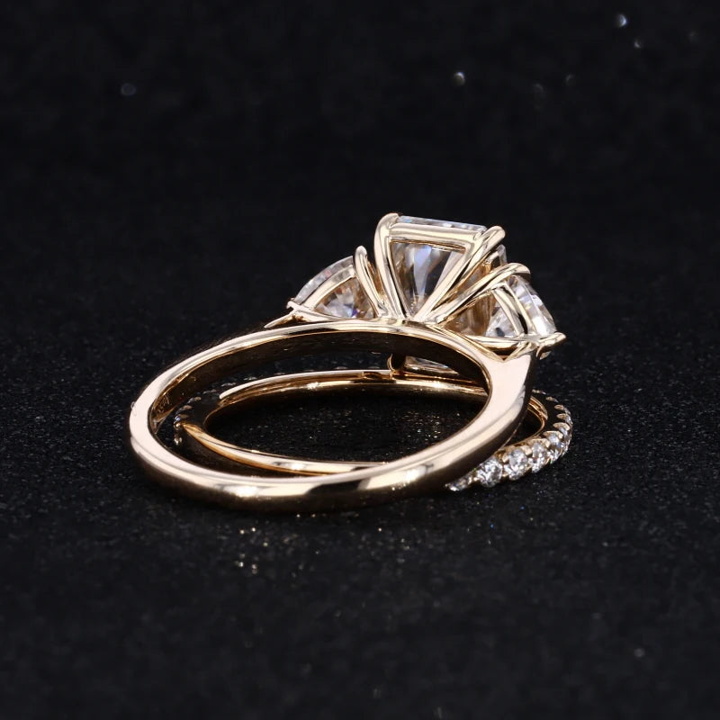 Fancy Radiant Cut DEF Colorless Sapphire Trillions Three Stone Wedding Set