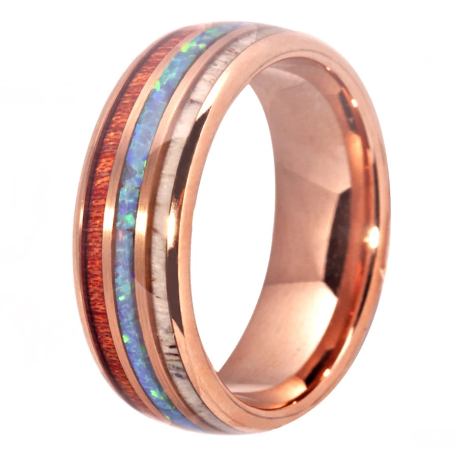 Classic Rose-Gold Tungsten Carbide Ring Blue Fire Opal & Antler & Wood Inlay