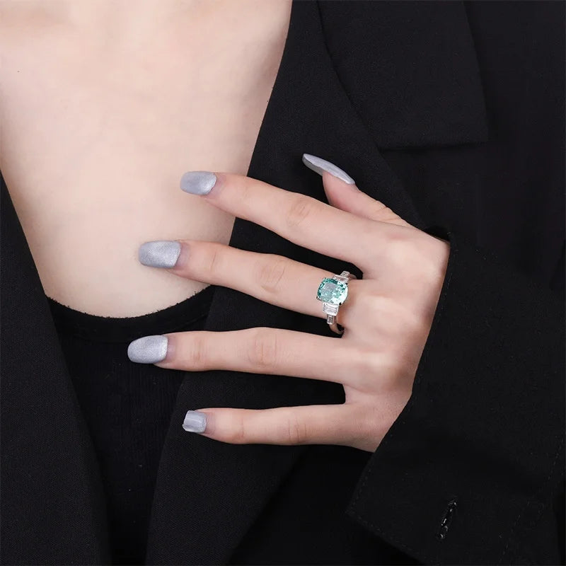 100% 925 Silver 8*10mm Mint Green Three Stone Tourmaline Ring