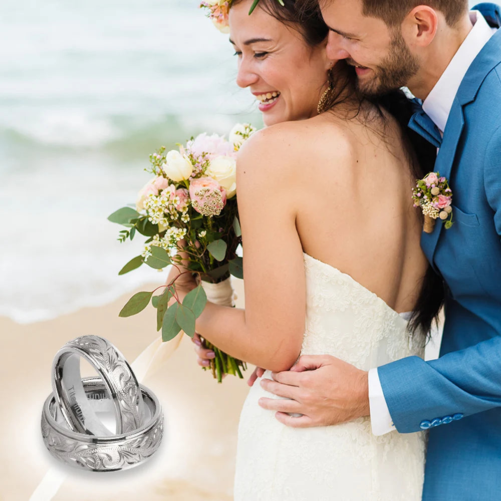 Titanium Wedding Hand Floral Engraved Wedding Band CZ Bezel Comfort Fit