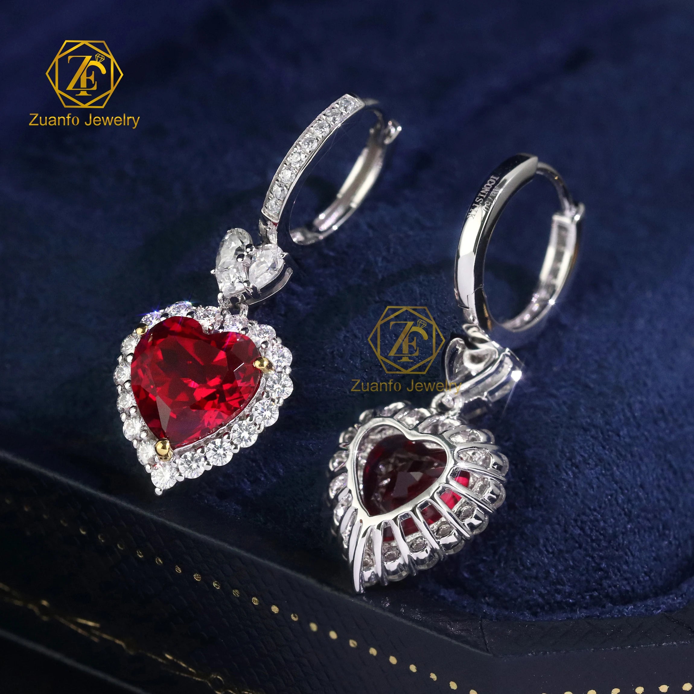 Luxury 18KT Solid White Double Gold Heart Cut 8x8mm Lab Diamond Ruby Hoop Drop Earrings