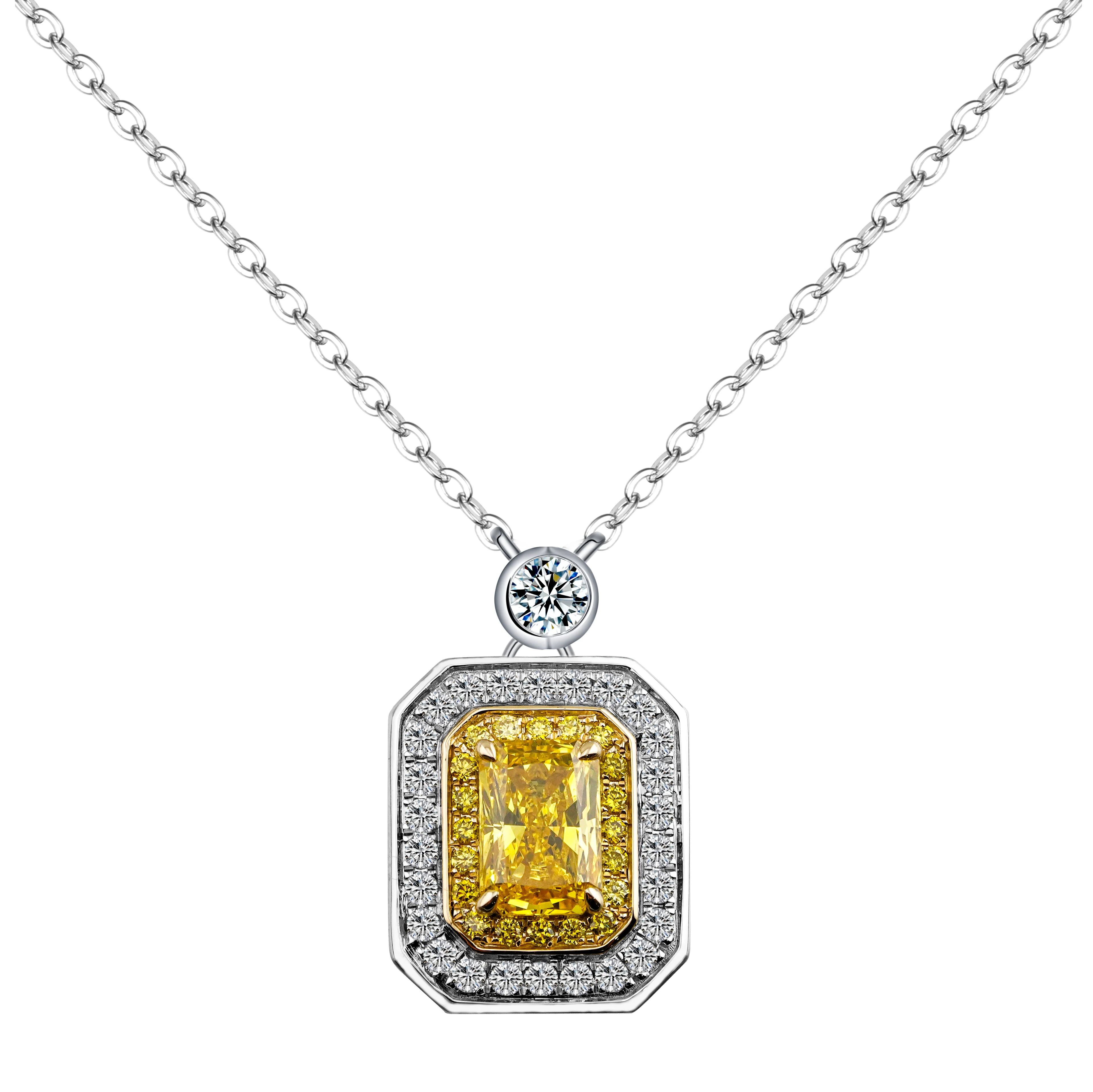 18KT Solid White Gold 0.84 Carat Yellow Diamond Radiant Cut Lab Diamond Necklace