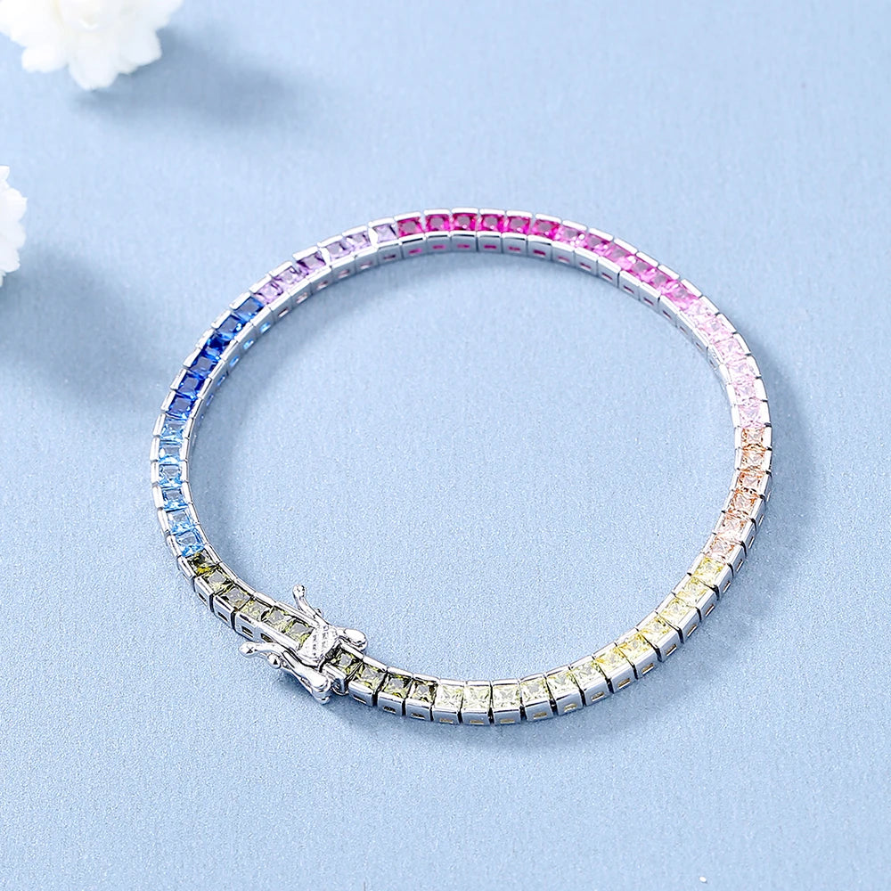 Pure Silver 17.5 CM 4MM 2.5*2.5MM Bling Rainbow Zircon Tennis Bracelet