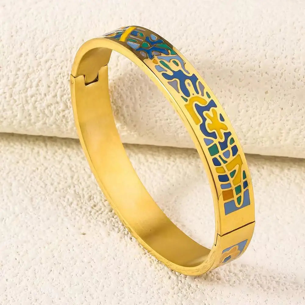 Gold Plated Geometric Enamel Design Stainless Steel Fashion Bangle