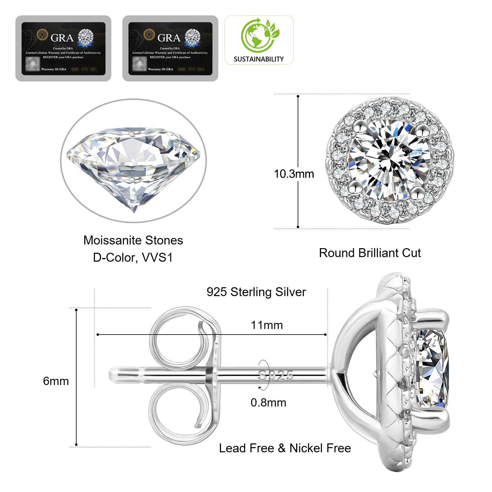 VVS  925 Sterling Silve 1- 2 Carat LAB Diamond Moissanite Halo Earring