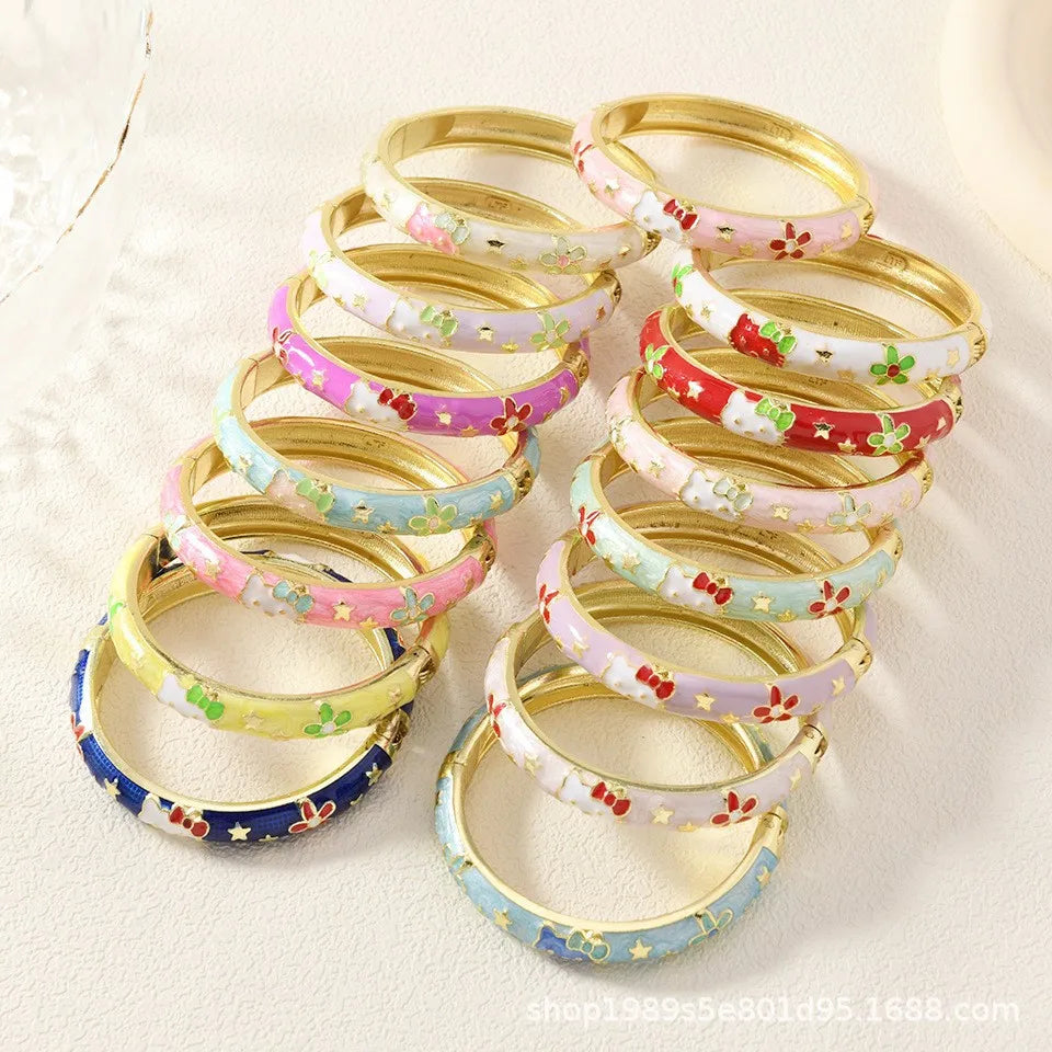 Hello Kitty Enamel Bracelet Bangles Dipped White Gold Plating Over Stainless Steel Zinc