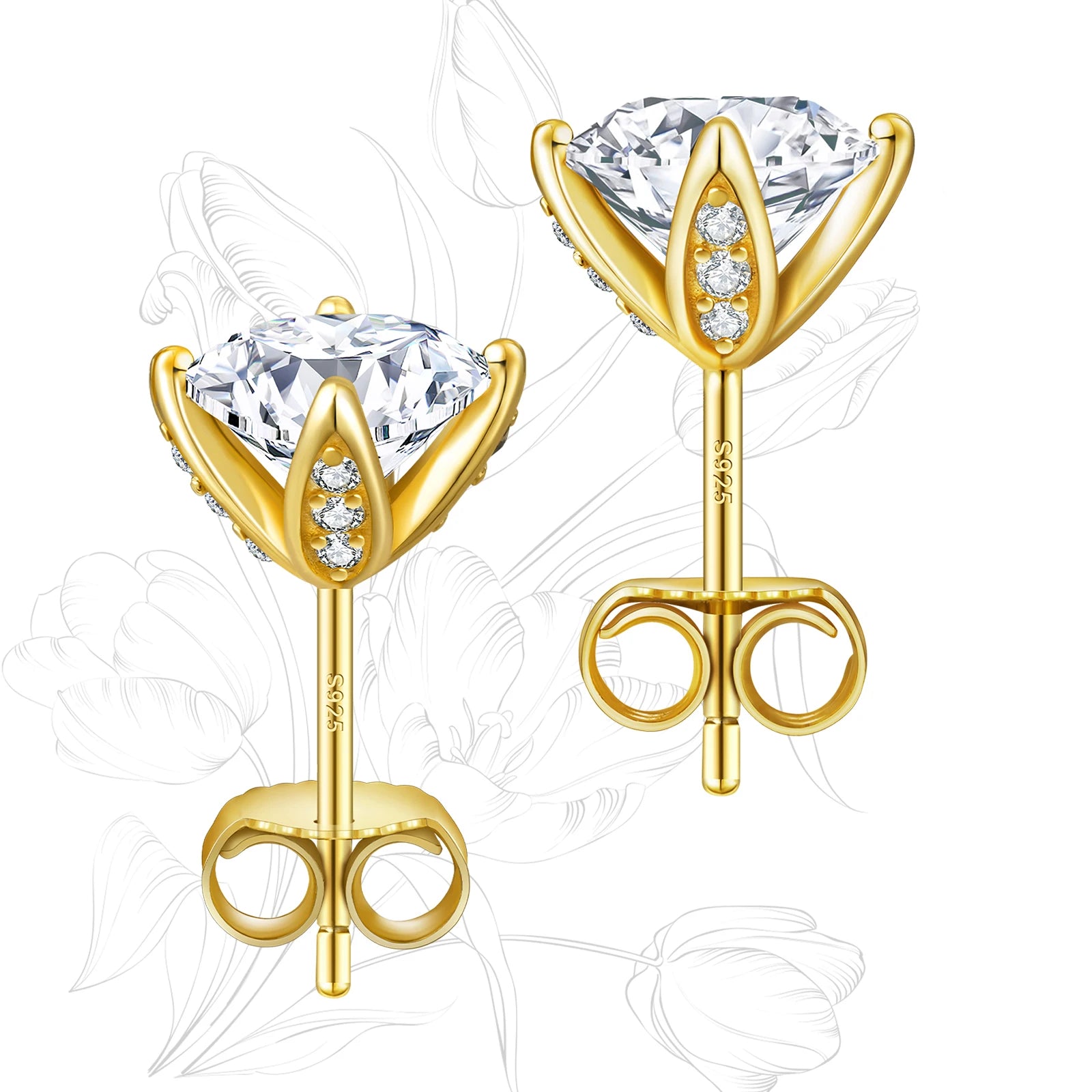 925 Sterling Silver 14KT Gold Plated Women 2 Carat VVS GRA Lab Diamond Hypoallergenic Earring