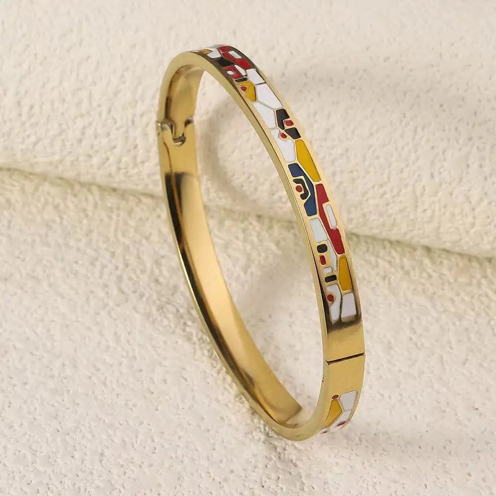 Gold Plated Geometric Enamel Design Stainless Steel Fashion Bangle