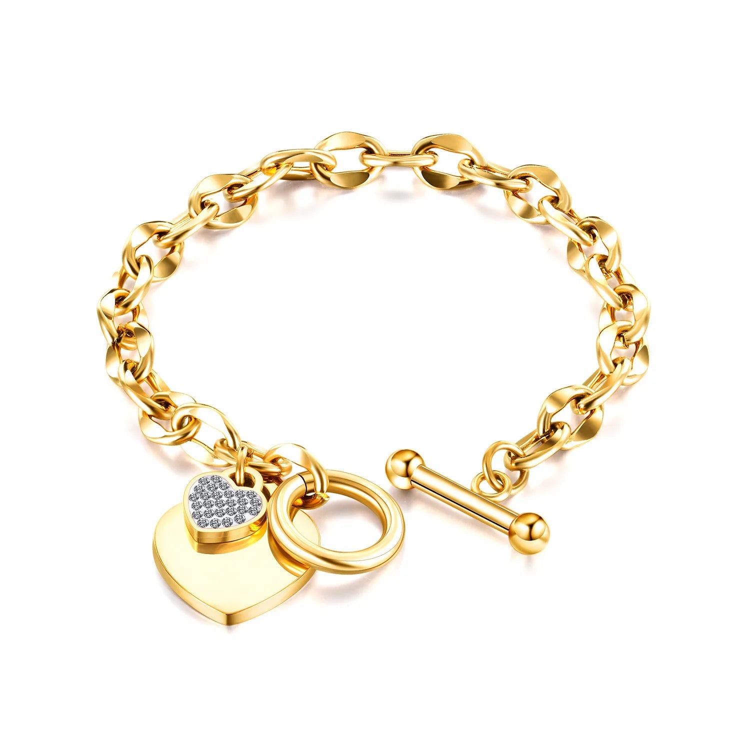 14KT Gold Plated Toggle Clasp Heart Charm Stainless Steel Bangle Bracelet