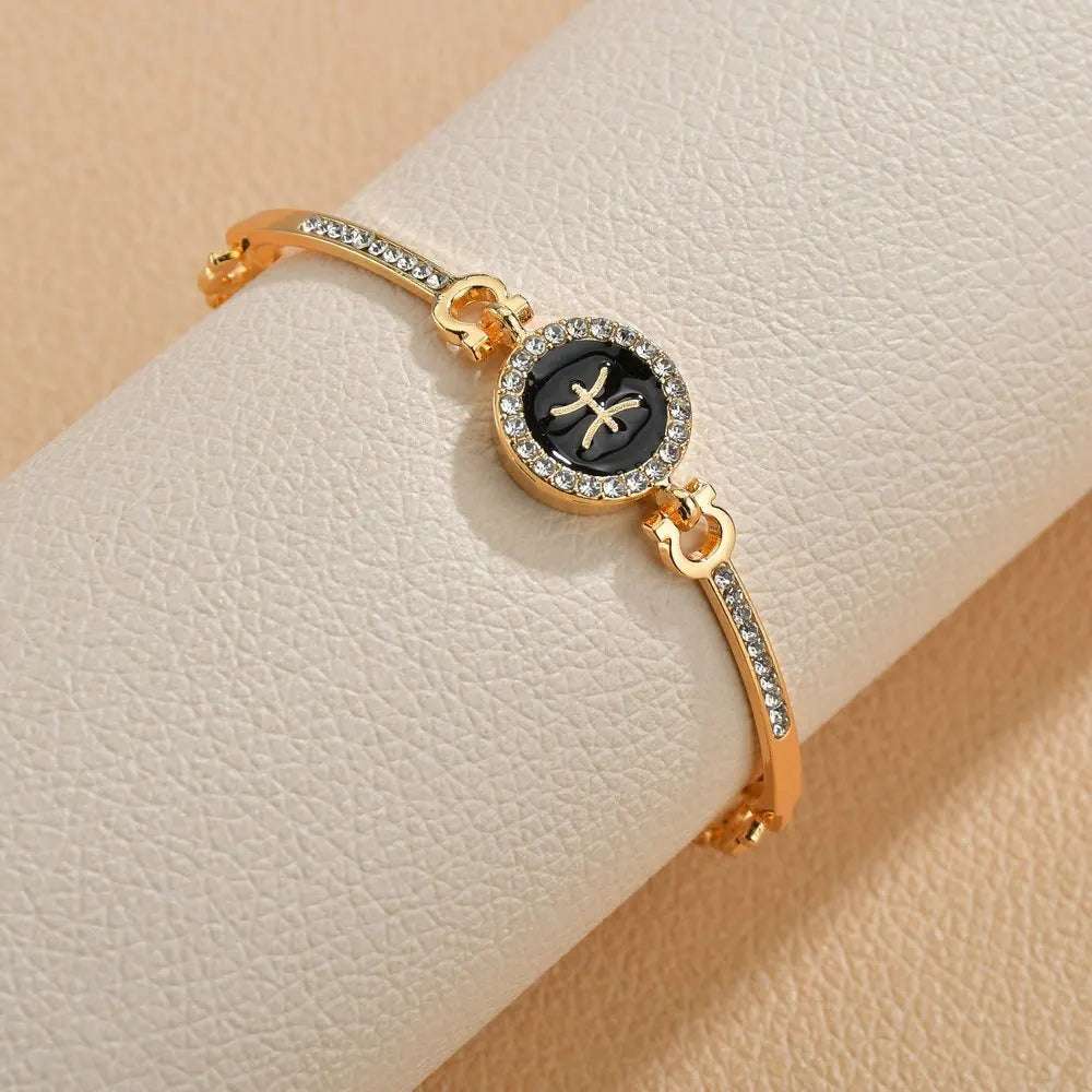 12 Design Zodiac Bracelets Bangles Jewelry Round Horoscope Astrology Bracelet Gold Color Diamond Pendant Charms Bracelet