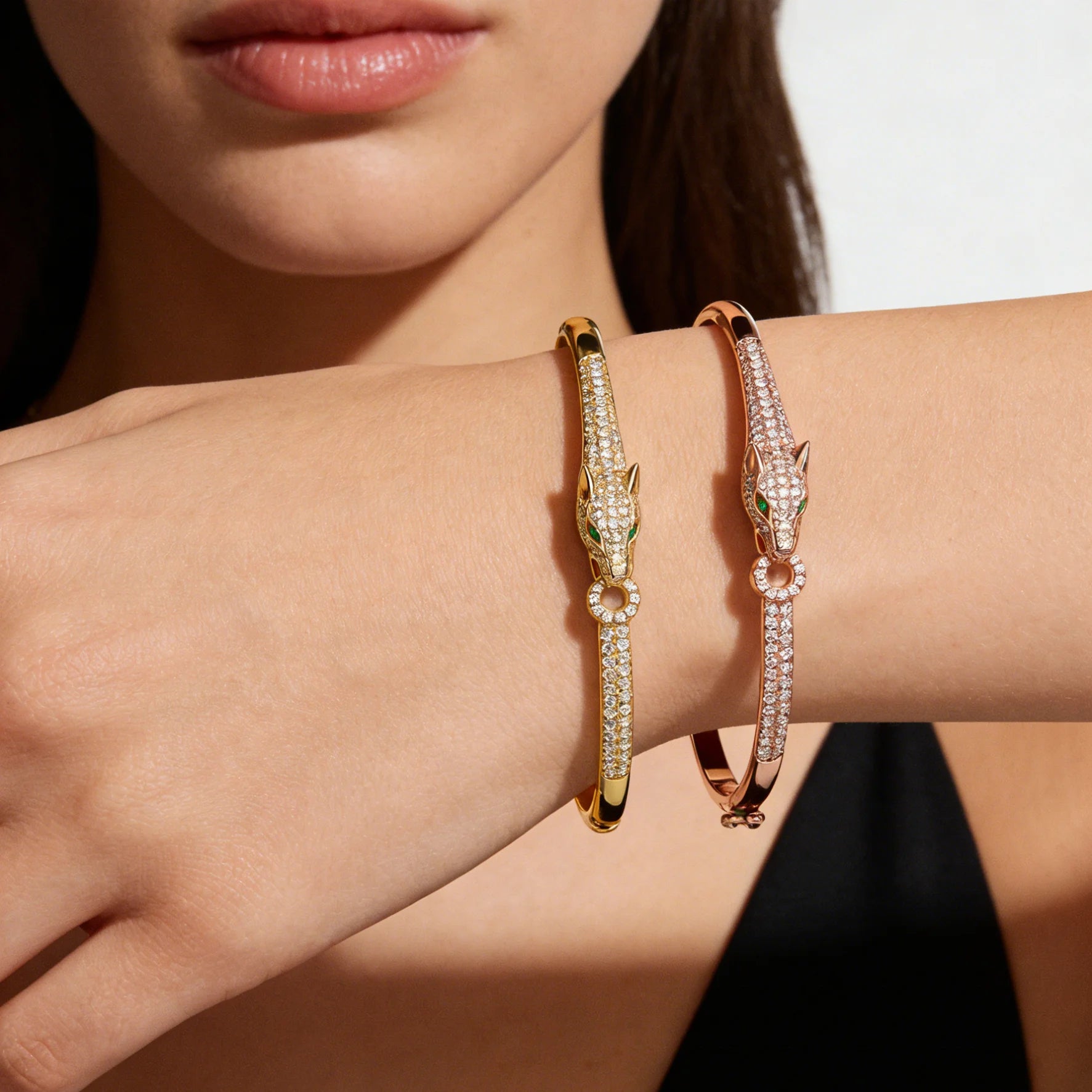 Snow Leopard covered in Rose Gold Plated Brass Zircon Leopard Print Bangle