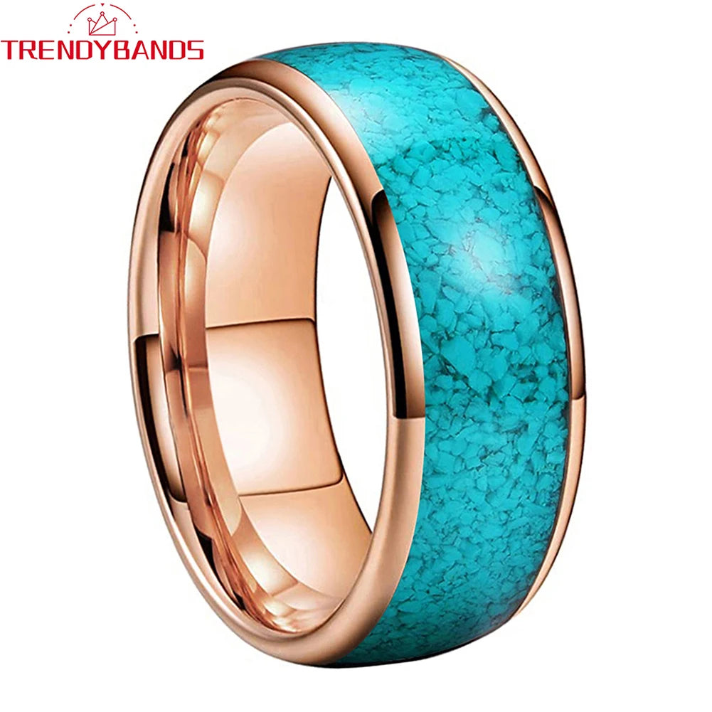 4MM, 6MM 8MM Tungsten Carbide Comfort Fit with Natural Turquoise Gemstone Inlay