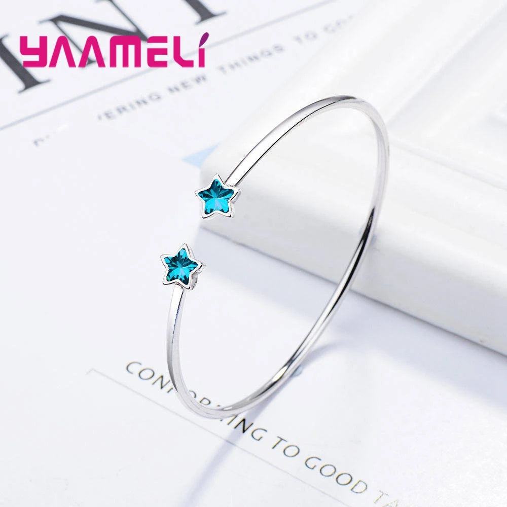 Shooting Blue Stars Rhinestone 925 Sterling Silver Austrian Crystal Bangle