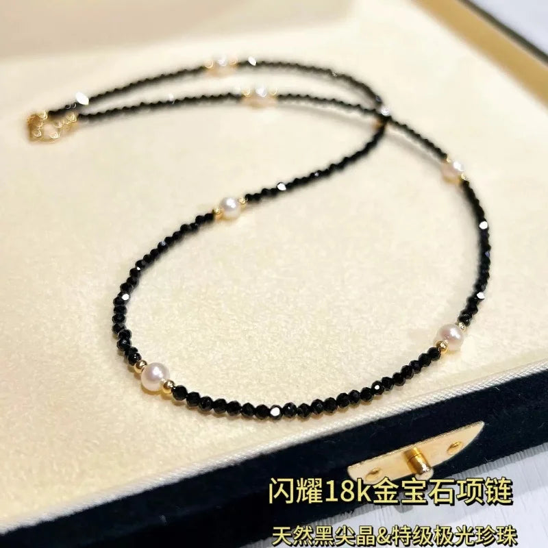 18KT Yellow Gold Natural freshwater Pearl Black Crystal Spinel Necklace