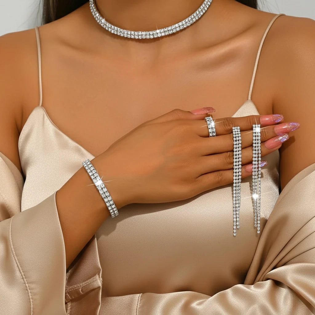 5 Piece Luxury Rhinestone Choker, Bracelets, Earring, Ring Jewelry Bridal Set