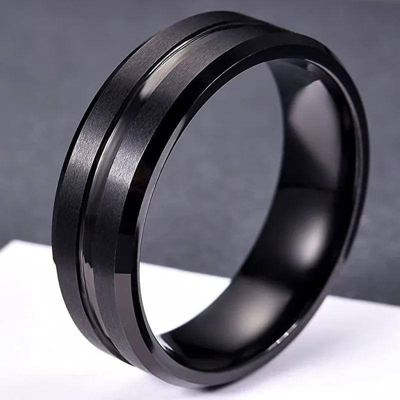 8MM Men's Black Tungsten Groove Beveled Edge Wedding Band