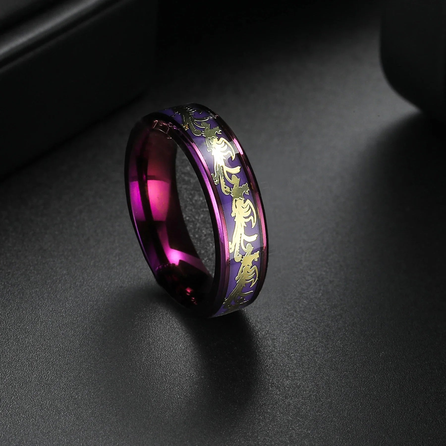 8MM Purple Tungsten Wedding Celtic Dragon Stainless Steel Golden Carbon Fiber Ring