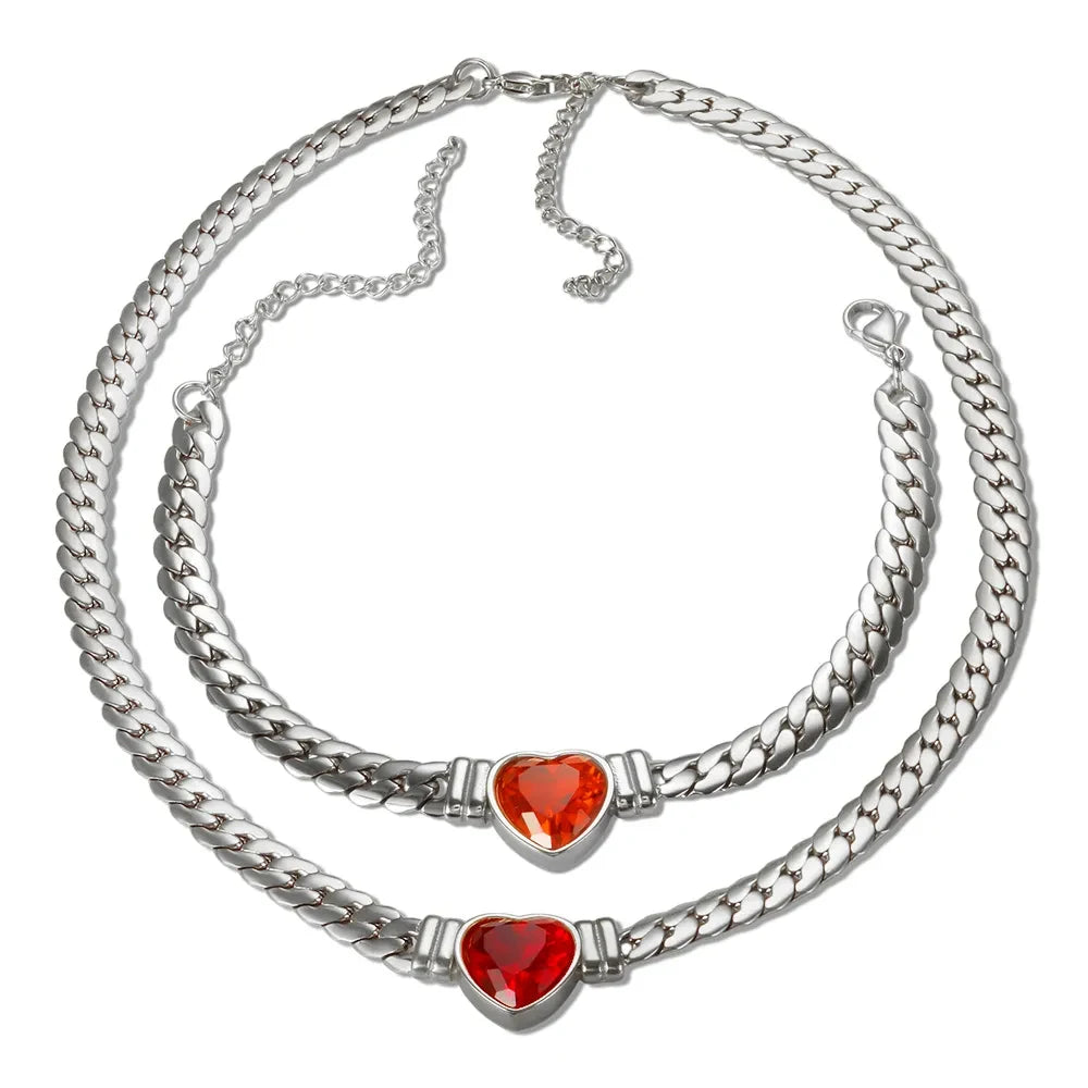 Luxury Love Heart Zircon Necklace Bracelet Dubai Cuban Chain Jewelry Set For Women Waterproof Stainless Steel Gold Color Plated